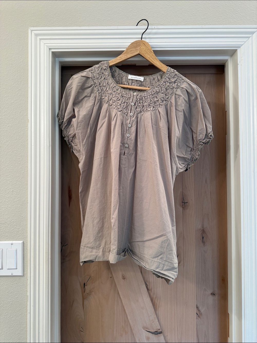 Smocked Yoke Puff Sleeve Blouse - Taupe